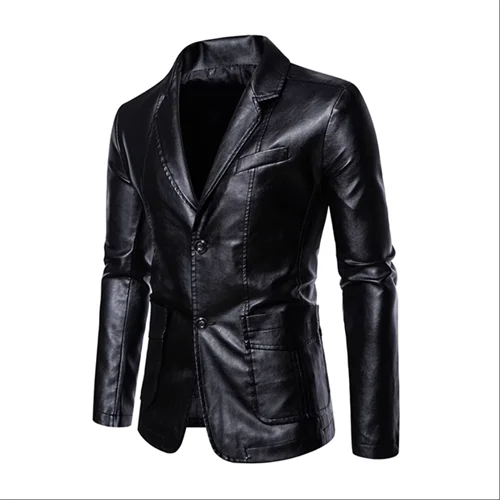 Men's Notched Collar Black Leather Jacket