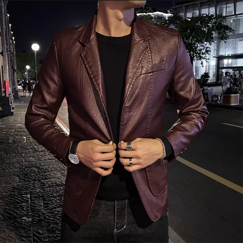 Men's Notched Collar Black Leather Jacket