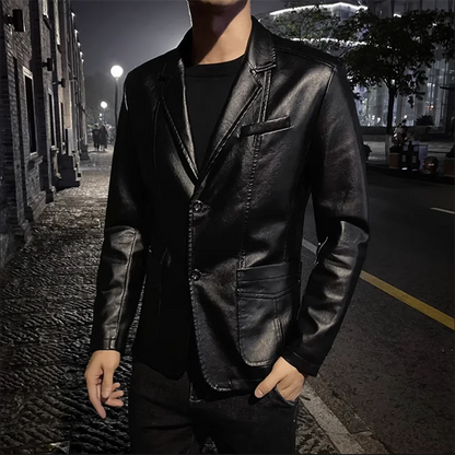 Men's Notched Collar Black Leather Jacket